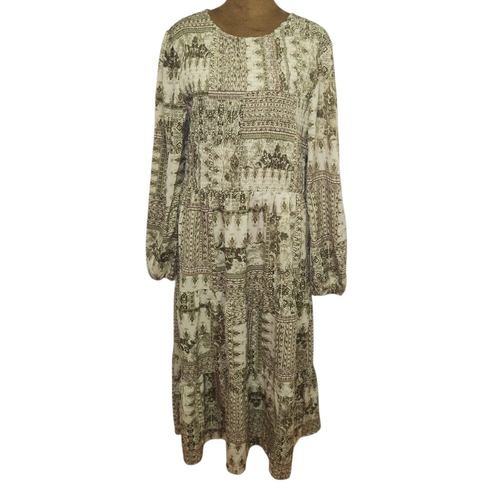 Cal Style Women's Dress Size XL Bohemian Fall Smocked Green Brown Long Sleeve